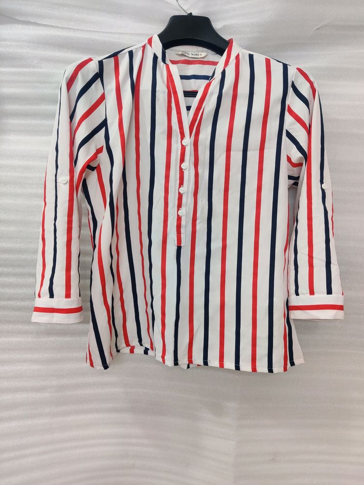 Cream Shirt With Orange And Blue Stripes
