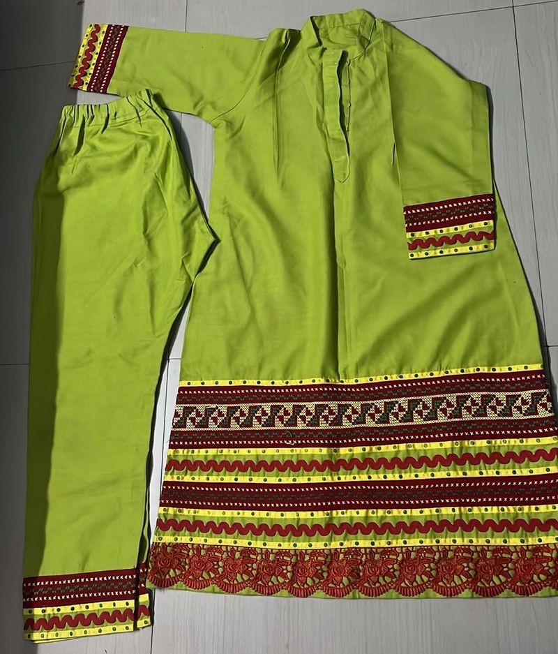 Lime Green Embroidered Kurta Pant Set