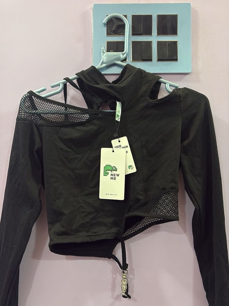 Newme Edgy Black Cutout Long Sleeve Top