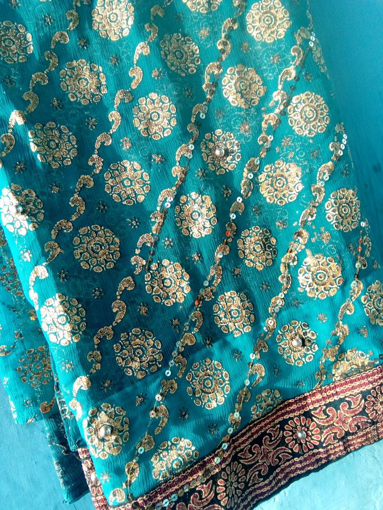 Teal &amp; Gold Embroidered Sari