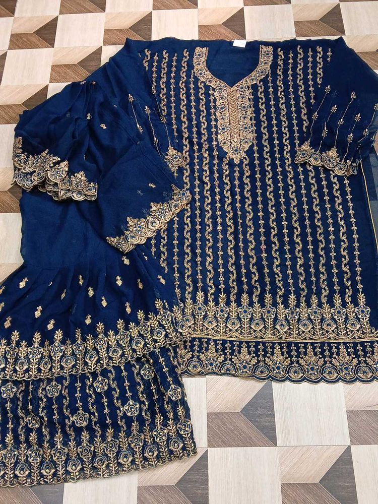 Elegant Blue Embroidered Kurta garara Set