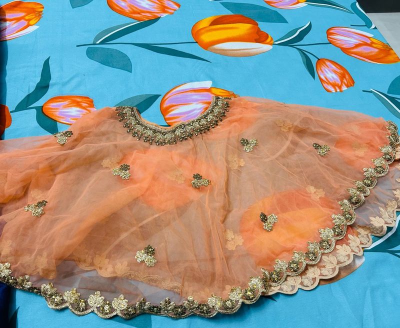 Peach Embroidered Blouse &amp; Skirt With Dupatta
