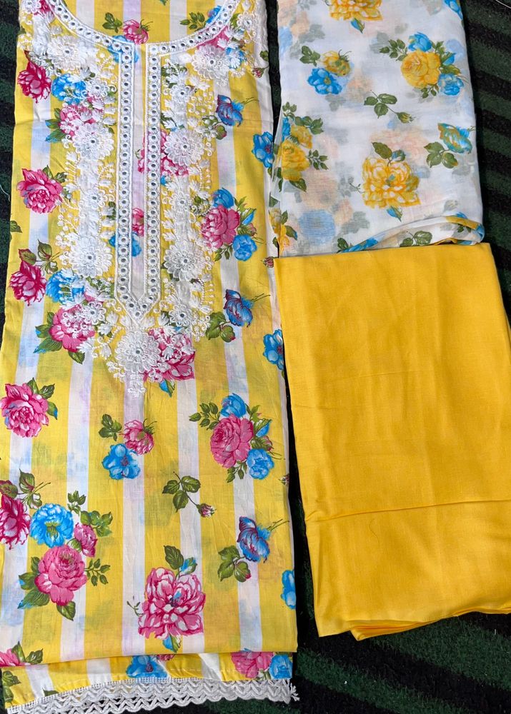 Yellow Coloured Cotton Suit Paired With Dupatta