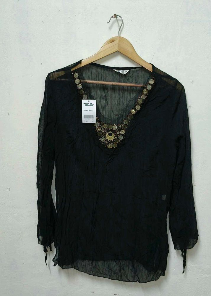 Trendy New L Black Embellished Sheer Blouse