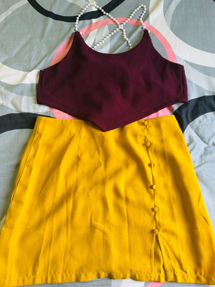 Maroon Crop Top With Yellow Mini Skirt