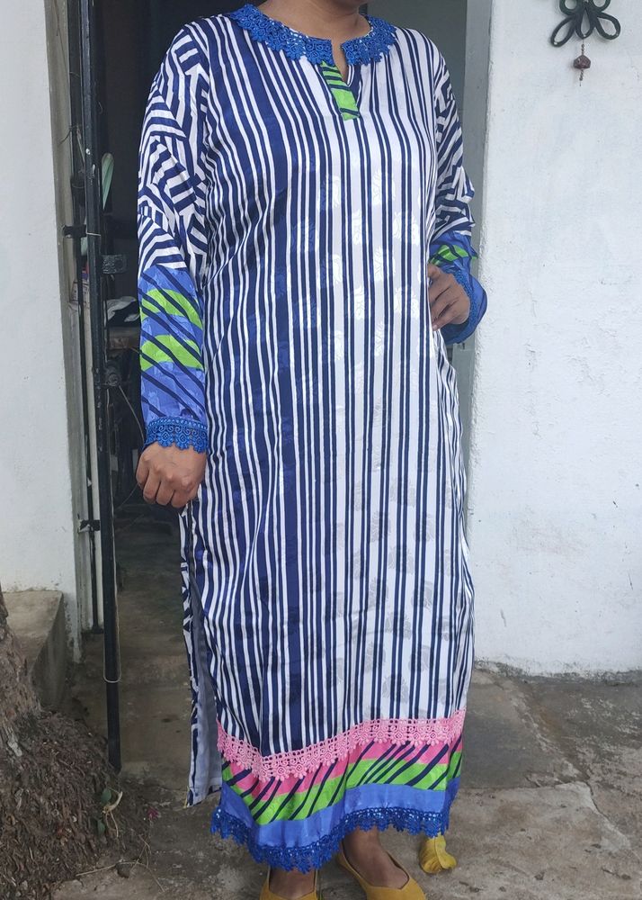 *Price Dropped*- -Blue White Long Silk Kurta