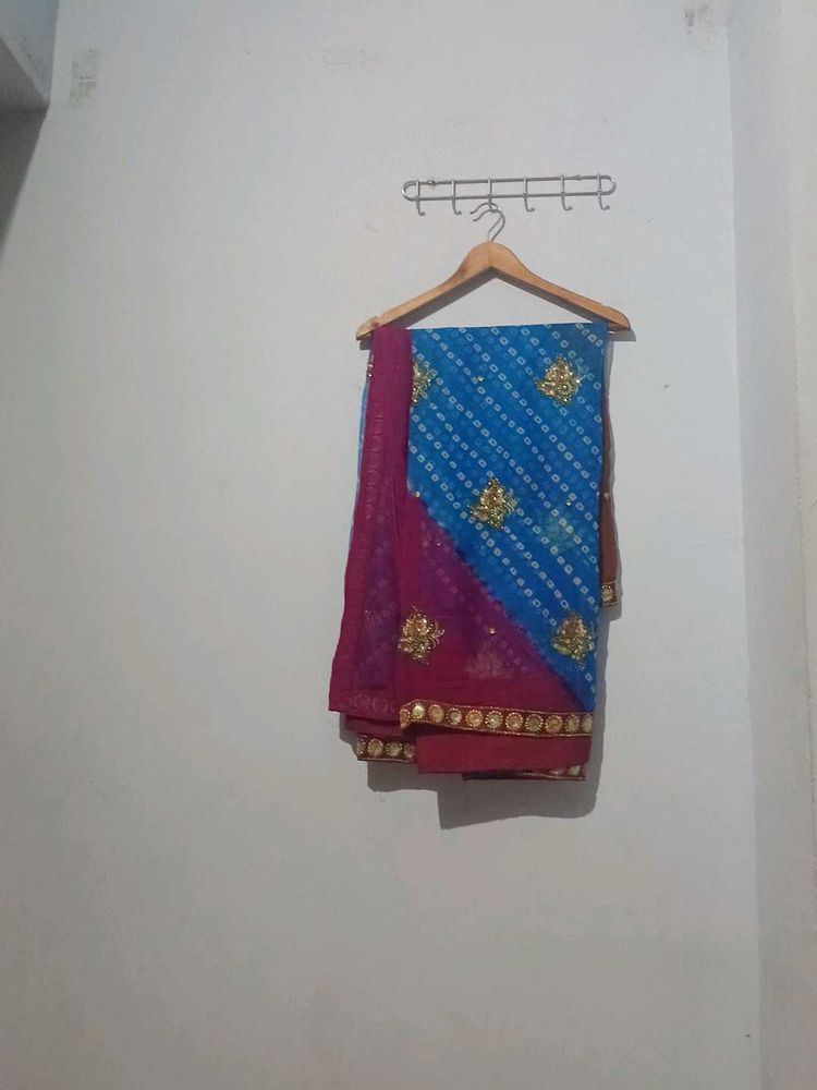 Blue &amp; Pink Bandhini Saree