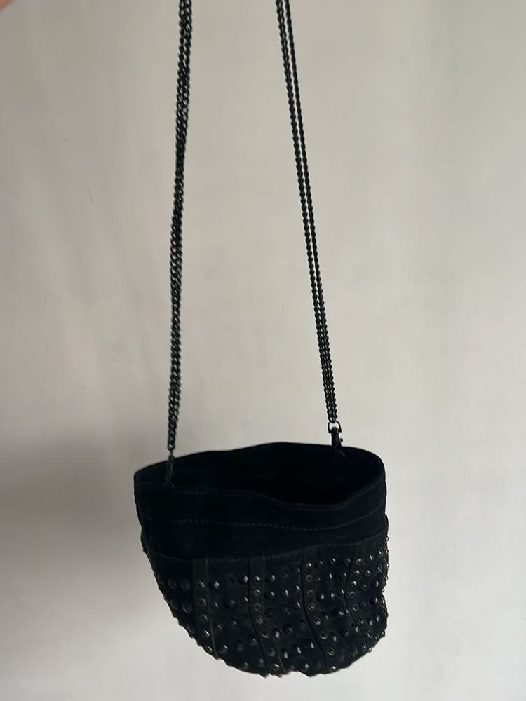 ZARA Chic Black sling Bag in bucket shape studded