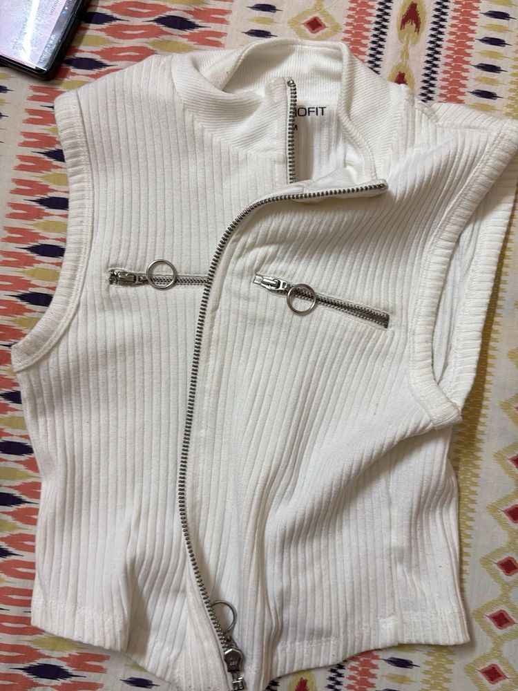 White Zip-Up Ribbed Tank Top