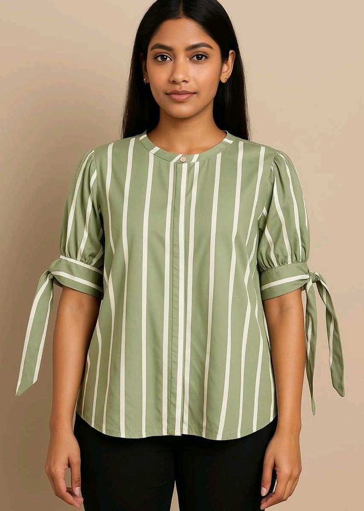 Green Striped Tie Sleeve Top For Women