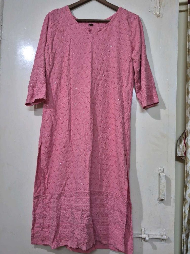 Pink Embroidered Kurti Chikankari