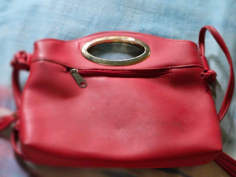 Vintage Red Leather Oval Handle Bag