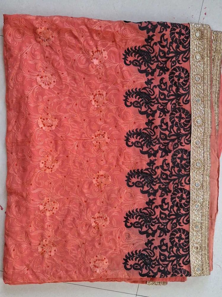 Peach &amp; Black Embroidered Saree