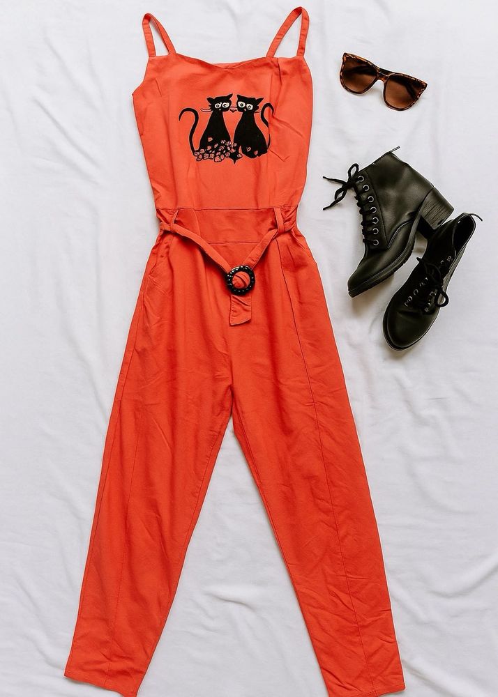 Orange Cat Print Jumpsuit