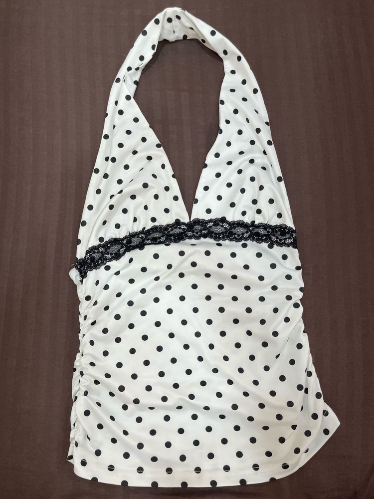 Outzidr White Halter Neck Polka Dot Top (S)