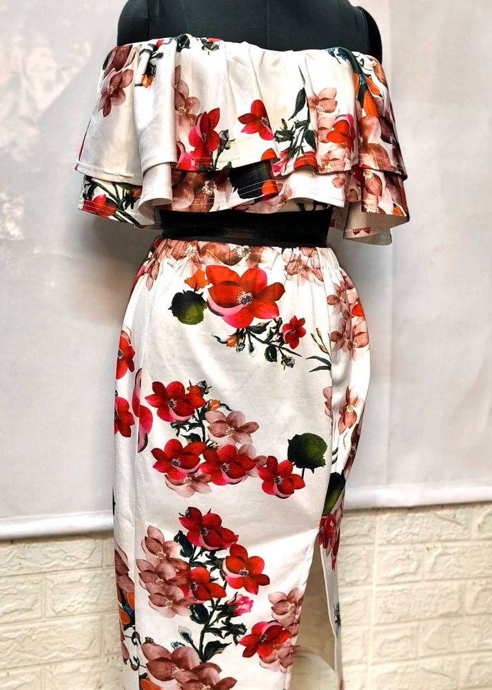 Floral Off Shoulder Cord Set With Pencil Skirt