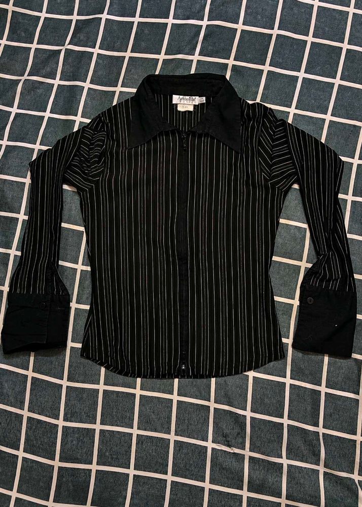 Striped Front Ruched Fitted Long Sleeve Shirt