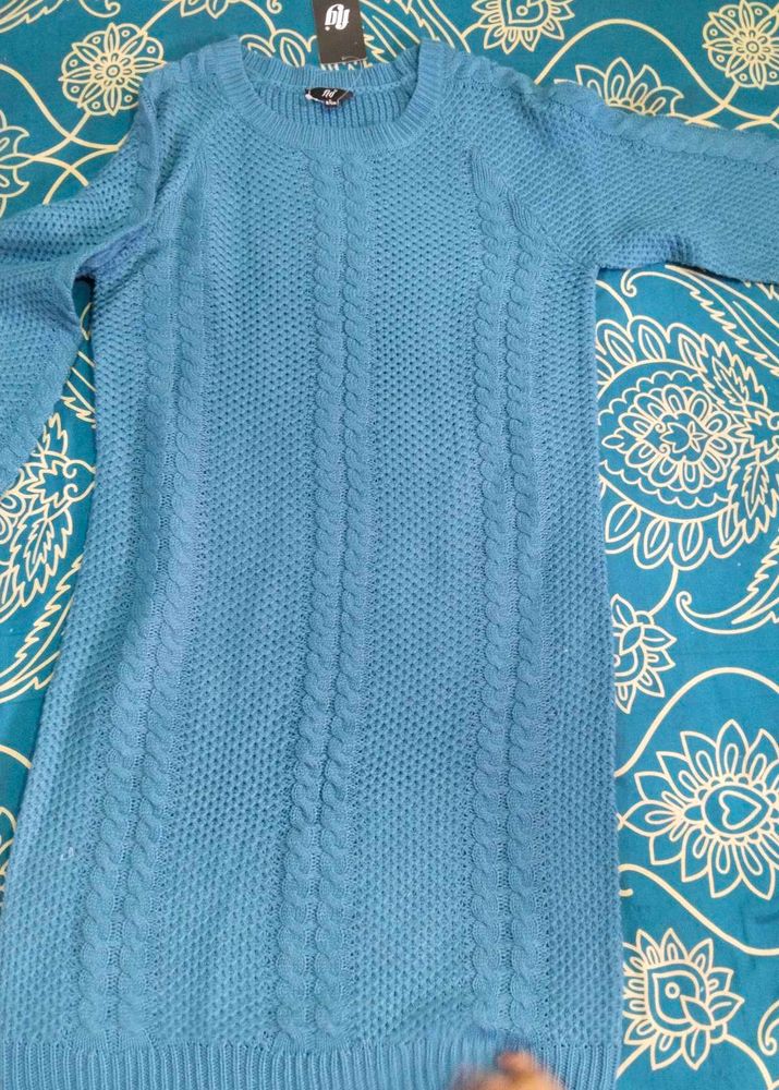 Blue Cable Knit Sweater Dress