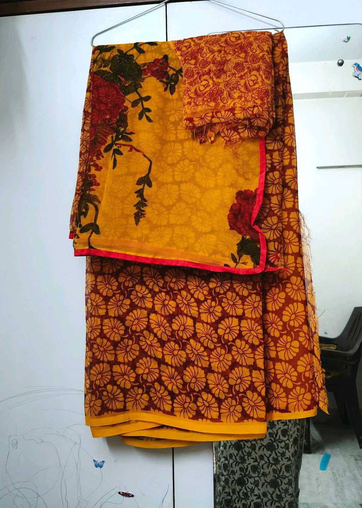 Mustard Yellow Crepe Soft Saree With Blouse Piece