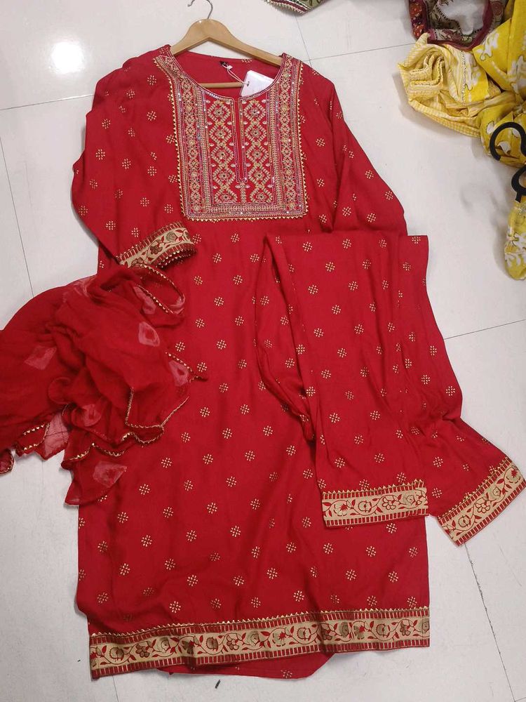 Red Embroidered Kurta Set