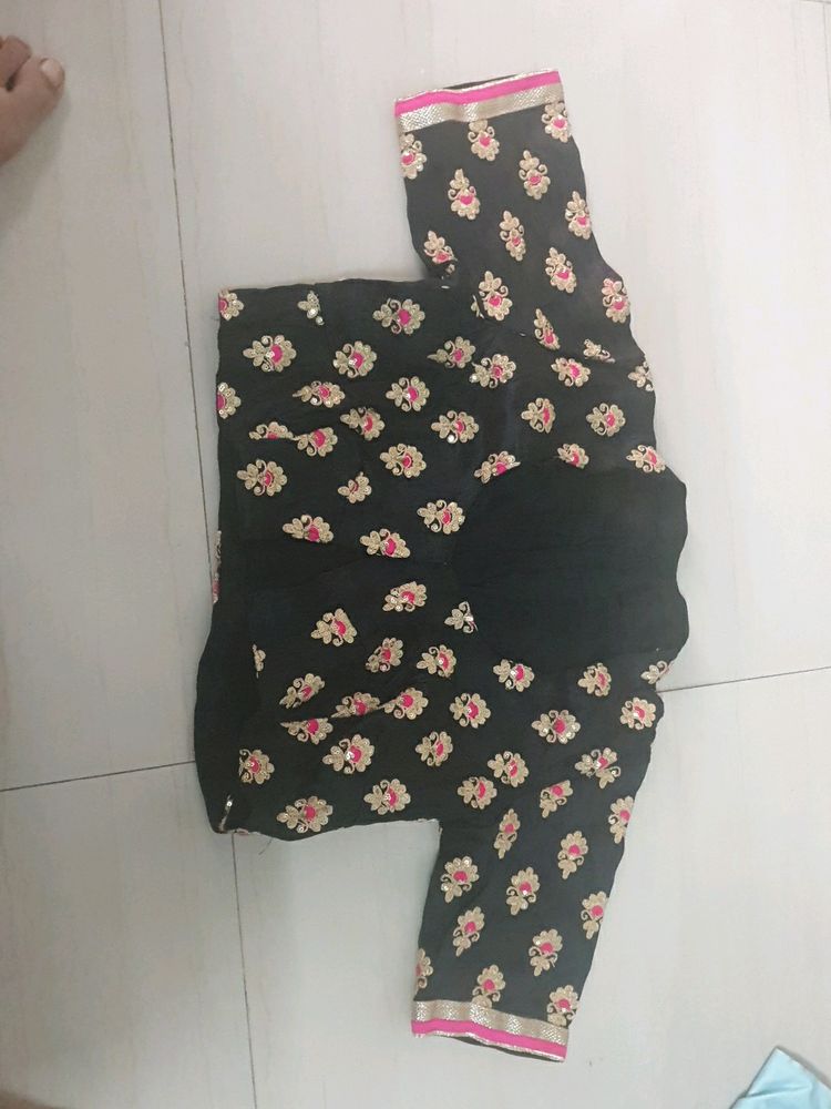 Black Raw Silk Embroidered Blouse