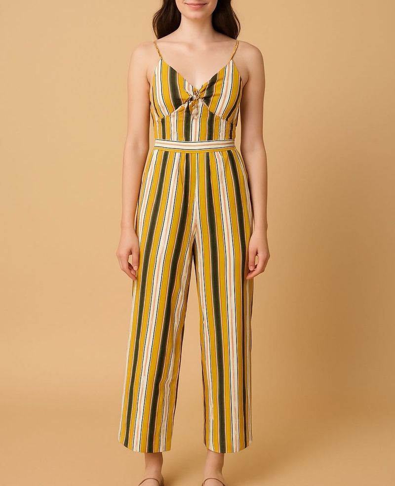 Bow Mustard Yellow Striped Jumpsuit Pant