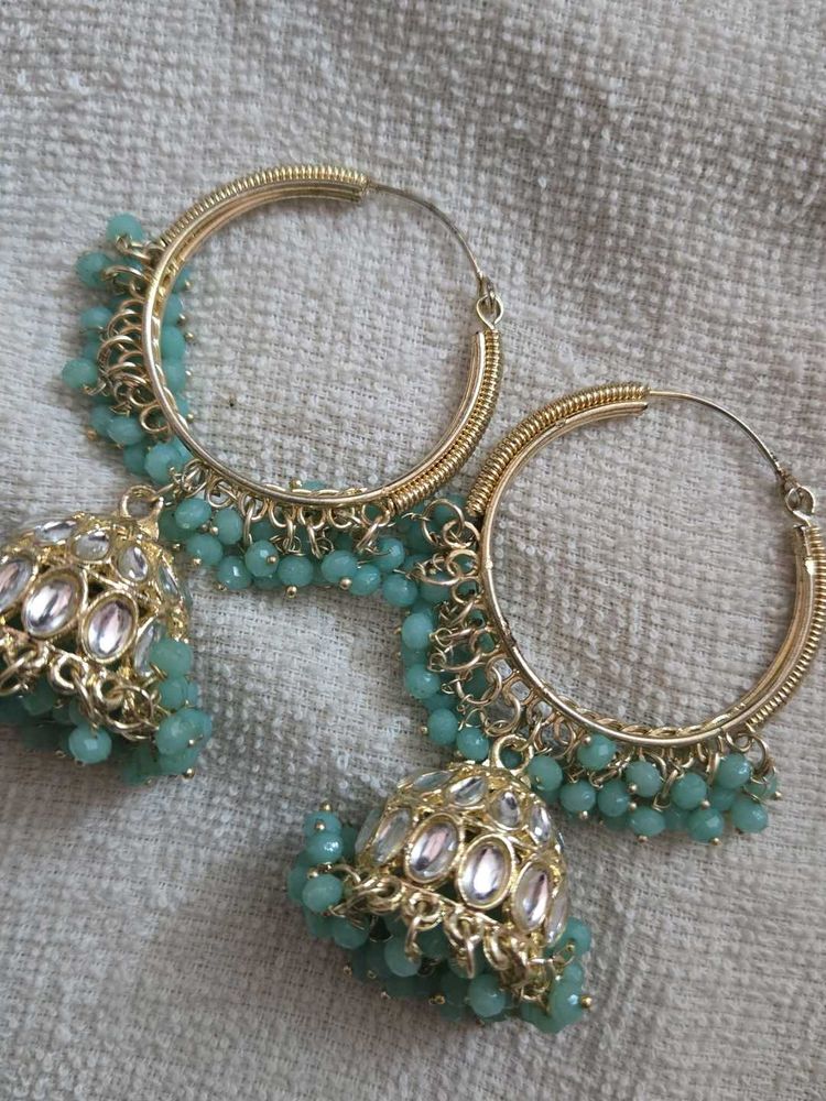 Teal Beaded Jhumka Earrings