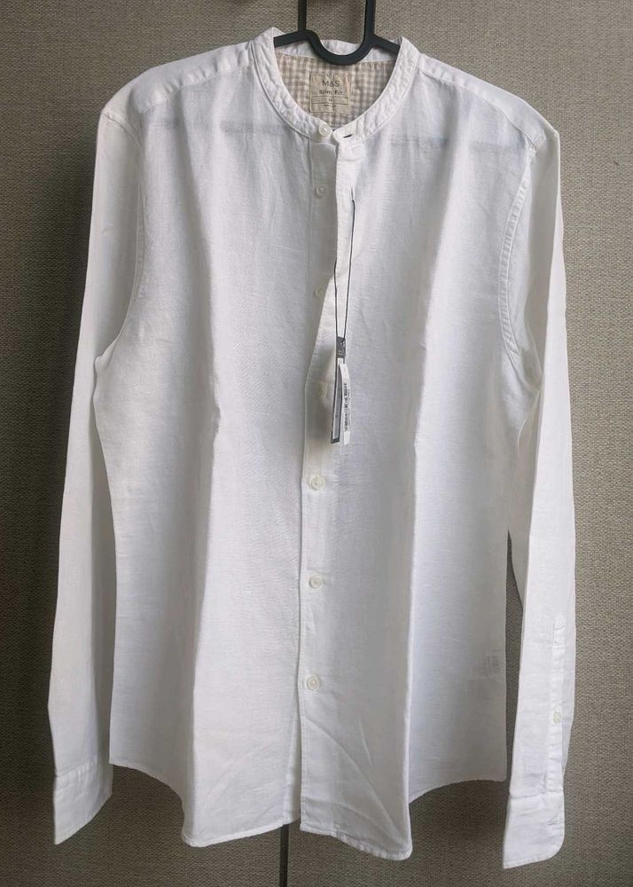 Mens Linen Mix White Mandarin Collar Shirt