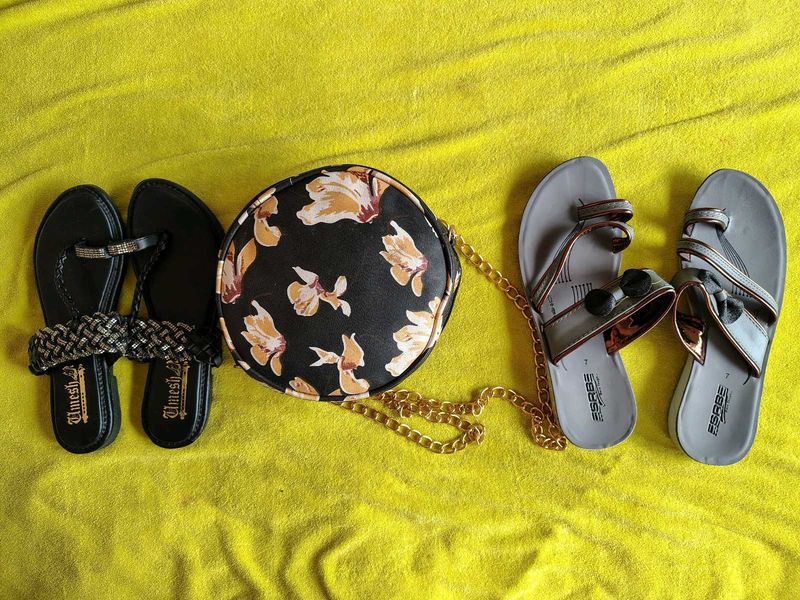 Combo Of 2 Flats Sandals And One Sling Bag