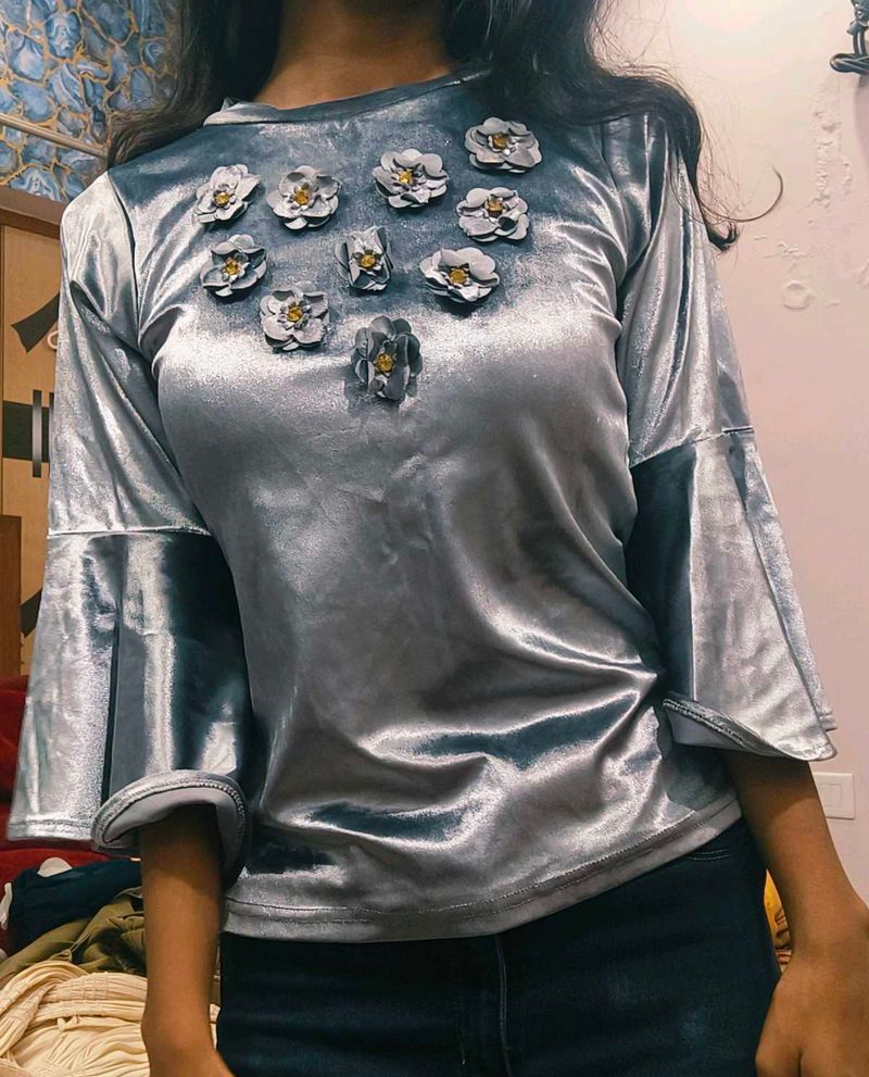 Metallic Silver Velvet Floral Top