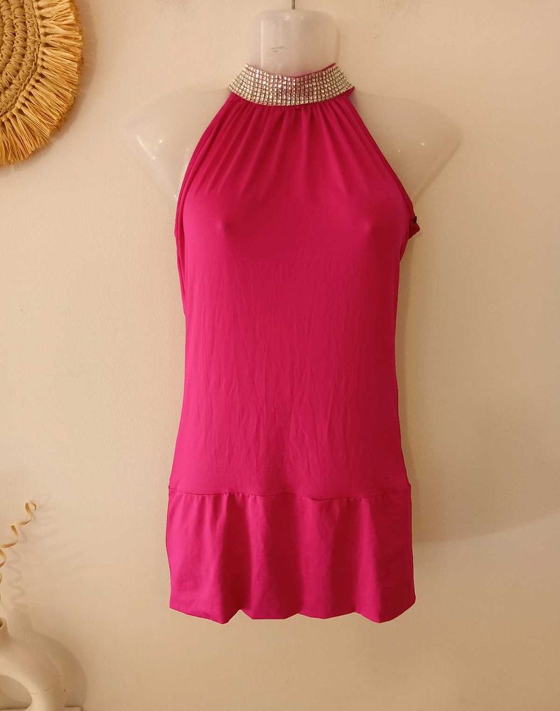 Hot pink Diamond Studded Neck Party Dress