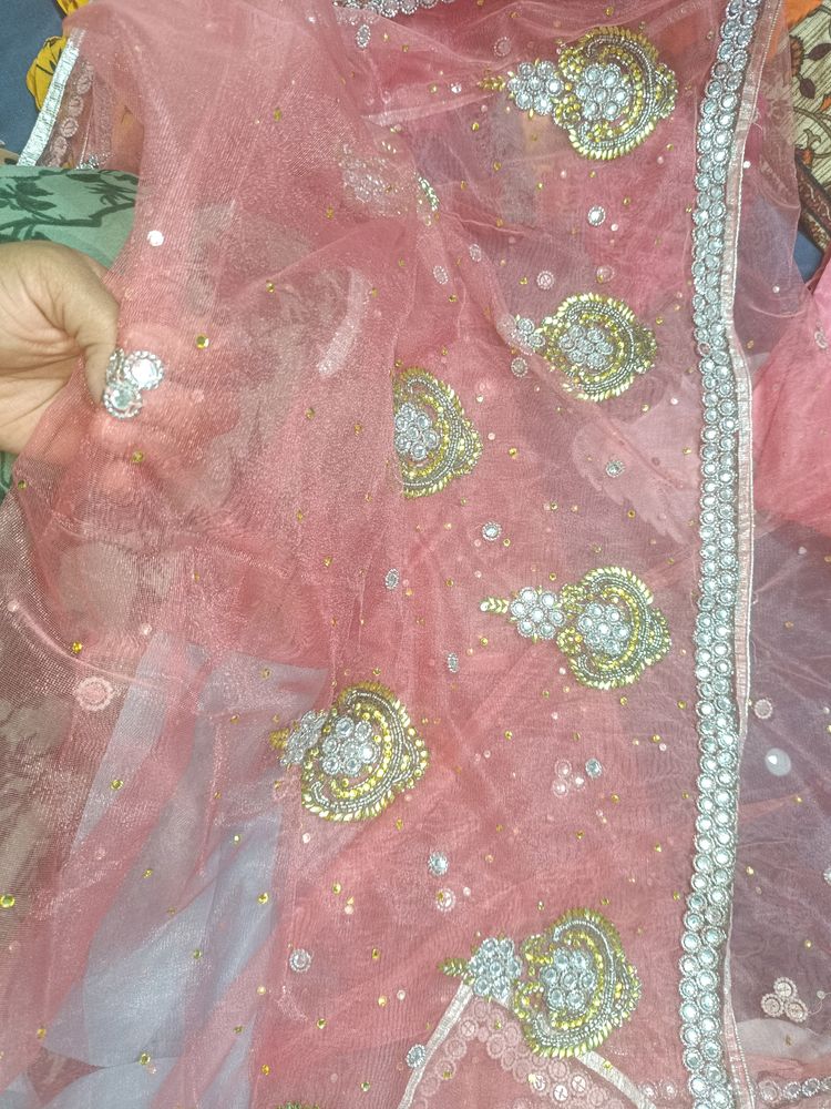 Pink &amp; Blue Fancy Saree With Stone Work