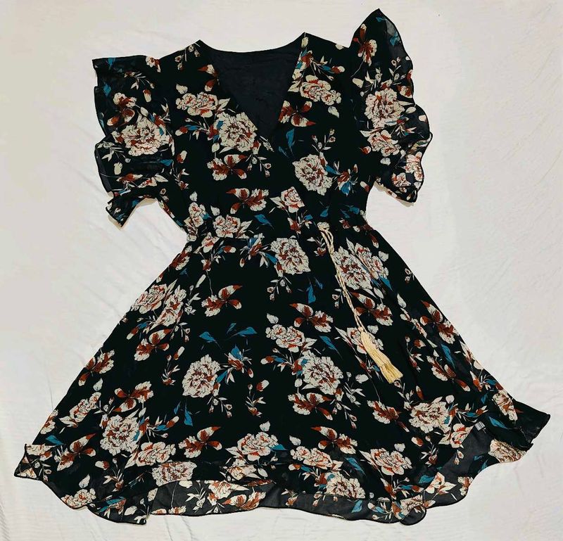 Midnight Bloom Fit And Flare Dress With Waist Tie
