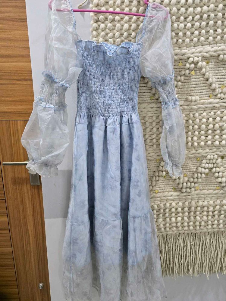 Blue Smocked Midi Dress