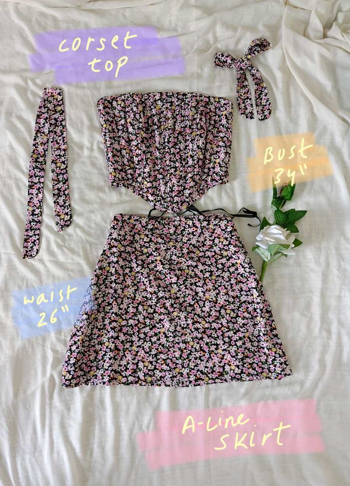 Floral Corset Top &amp; A-Line Skirt Set