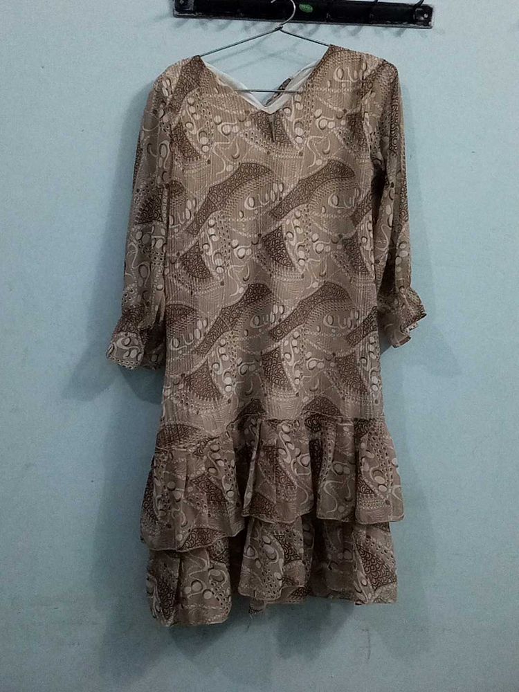 Brown Cream Western Dress Top Legi Georgette Xl