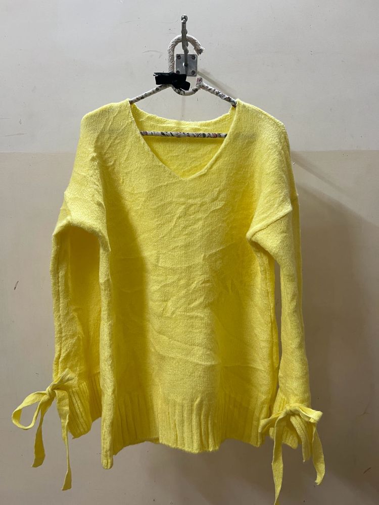 Yellow Tie-Sleeve Knit Sweater