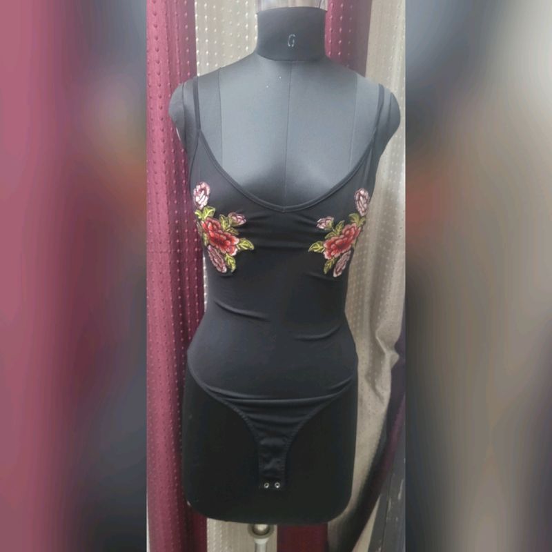 Black Floral Embroidered Bodysuit