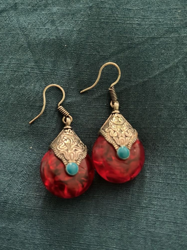 Red Teardrop Turquoise Accent Earrings