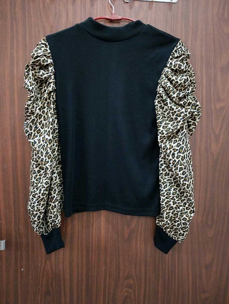 Black Top with Leopard Print Puff Sleeves