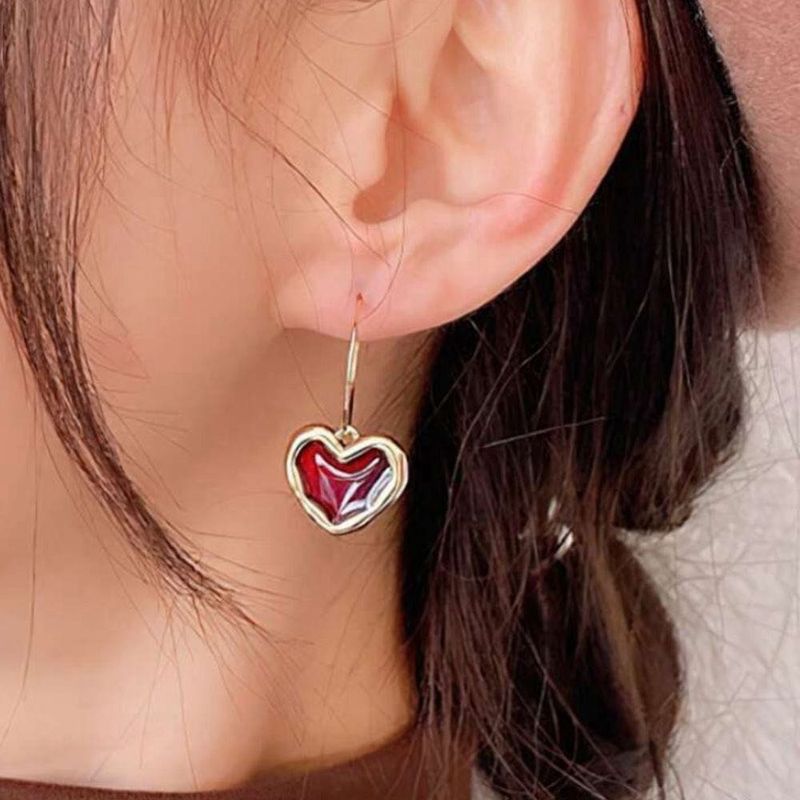Trendy Korean Red Heart Dangle Earrings