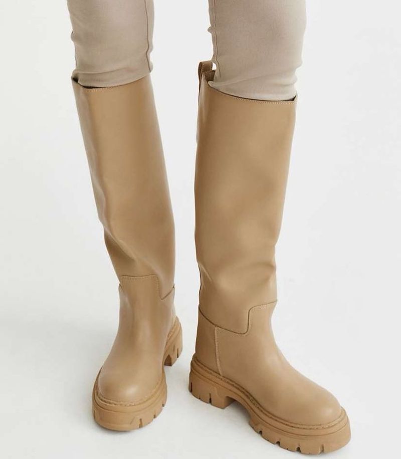 Beige Knee-High Platform Boots