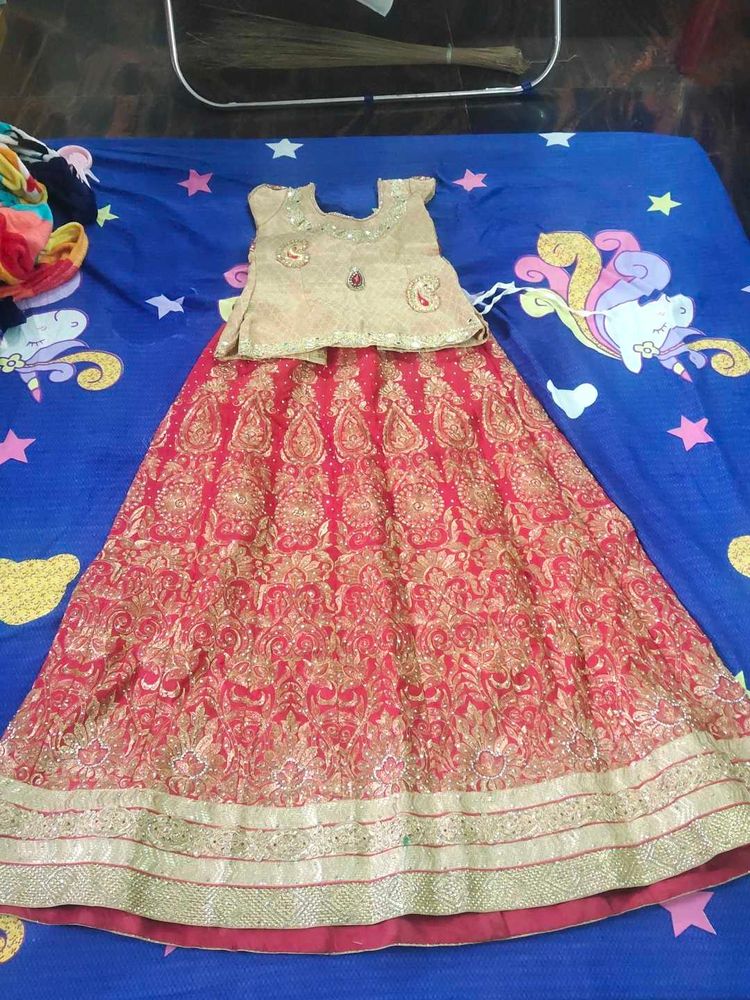 Girls Red &amp; Gold Embroidered Lehenga