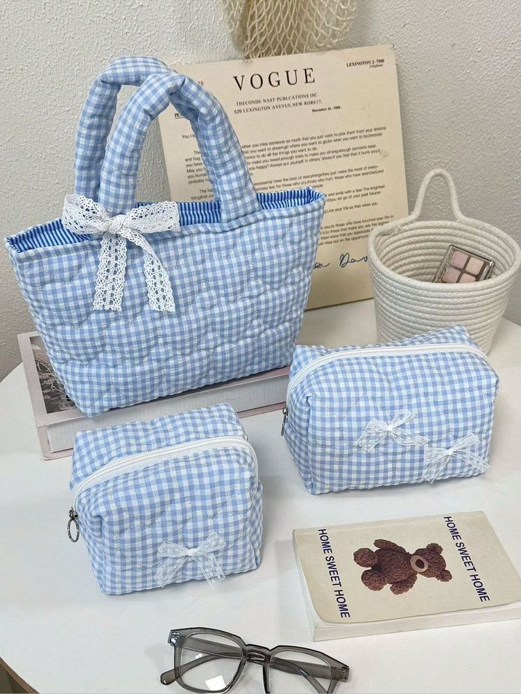 Blue Gingham Bag &amp; Cosmetic Pouches Set