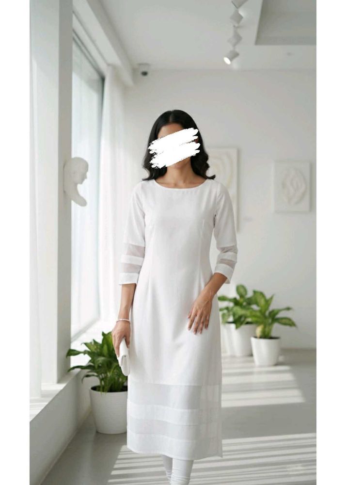 Classic White Straight-Cut Kurta with Net Panels