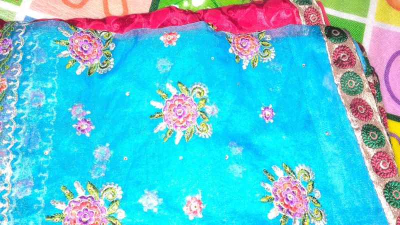 Blue Maroon Floral Net Saree