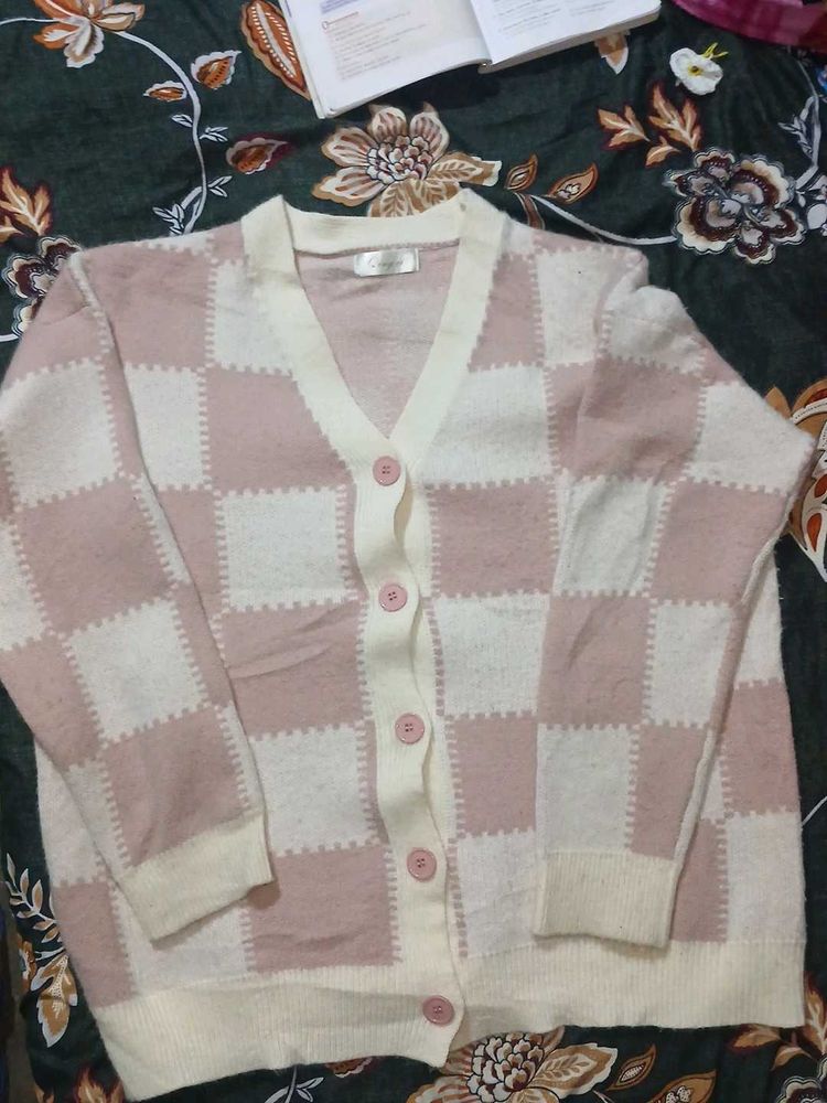 Pink Checkered Knit Cardigan