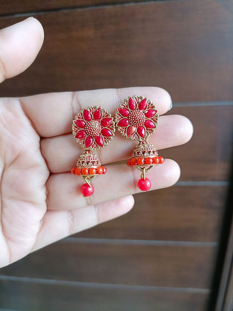 Red Contemporary Jhumkas Earrings