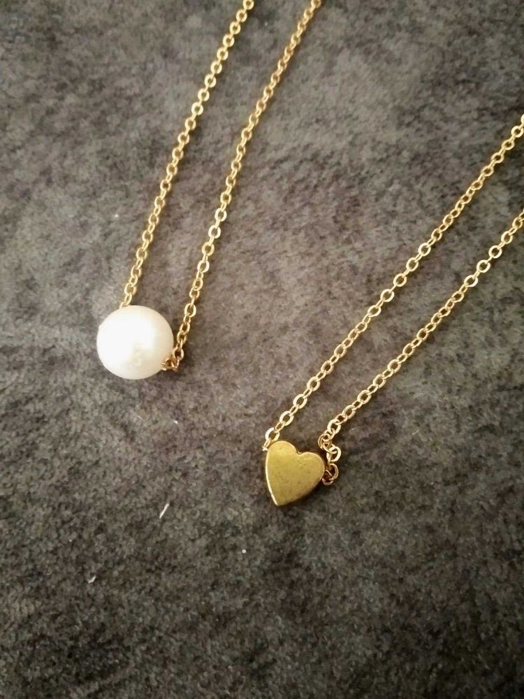 Gold Pearl &amp; Heart Necklace Set