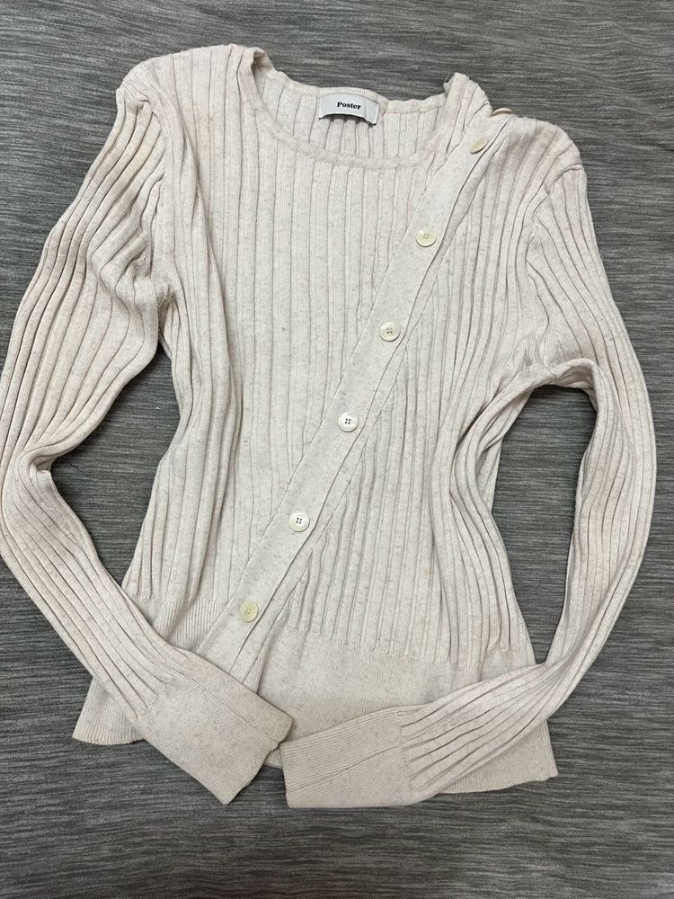Ribbed Beige Button-Down Top